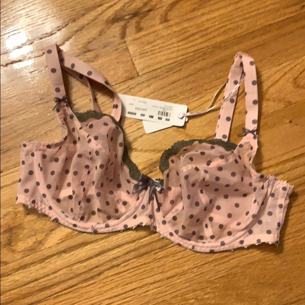 NWT Freya pink w/ grey polka dot plunge bra- 34DDD